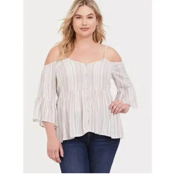 Torrid Stripe Cold Shoulder Blouse Button Front, Ruffle Sleeve 3X E9 - Picture 1 of 7